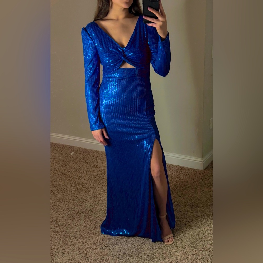 NWOT Blue Sequin, Long Sleeve Dress with Thigh Split